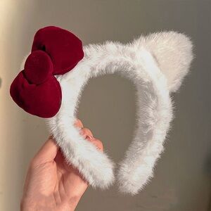 White Furry Headband with Red Bow